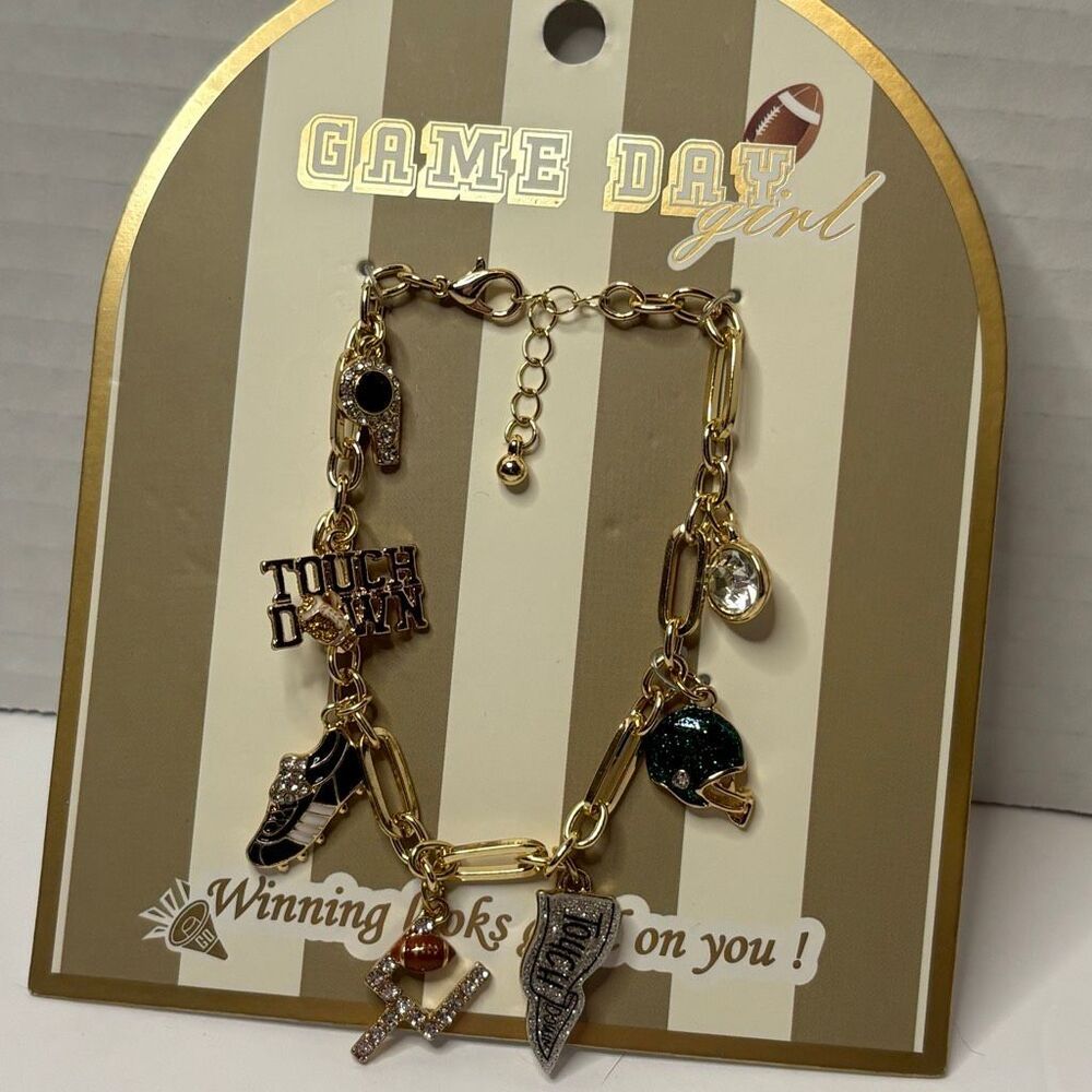 Women’s Gold Tone Football Theme Charm Bracelet NWT Football Whistle Touch Down